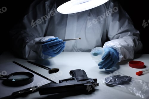 Preview: Forensic expert holding tweezers with hair sample and plastic container at table indoors