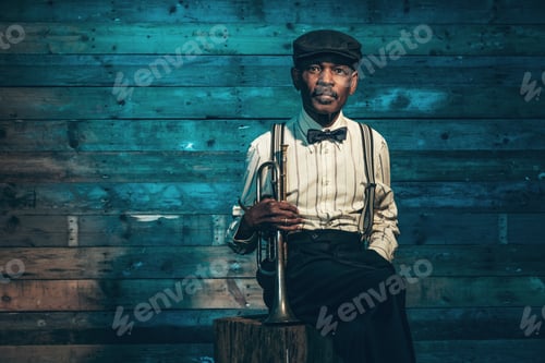 Preview: Vintage African American Senior Jazz Musician With Trumpet In Front Of Old Wooden Wall. Wearing