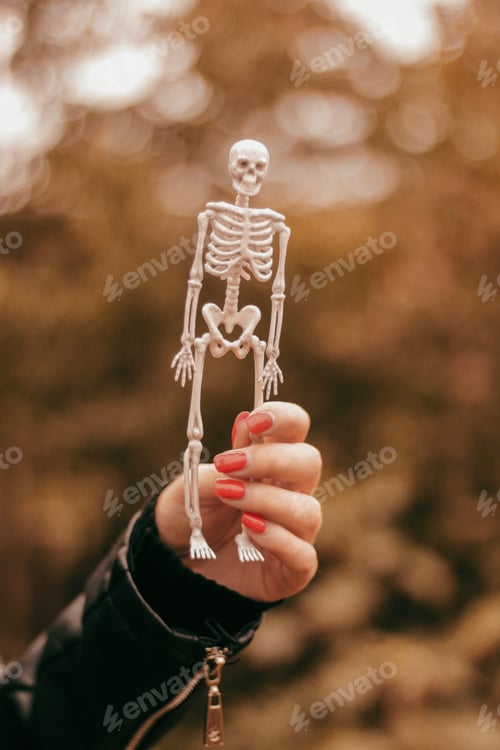 Preview: Figurine of a skeleton in the hands of a woman. Halloween concept