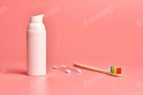 Preview: Eco bamboo toothbrush, face cream and cotton sticks. Personal care tools for protect oral cavity