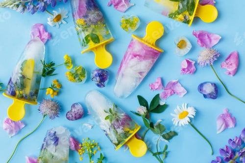Preview: Colorful wildflowers in frozen popsicles and ice cubes