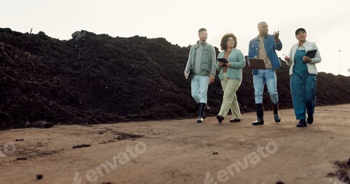 Preview: Team, farmer and agriculture or business walking on dirt land or collaboration, compost or environm