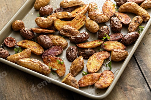 Preview: Roasted crispy fingerling potatoes on a sheet pan