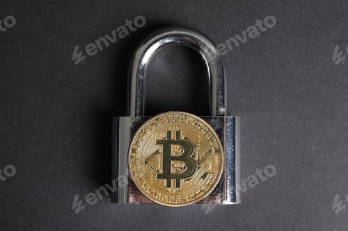 Preview: Bitcoin and padlock on grey background, top view
