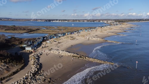 Preview: Aerial view of the Mudeford Sandbank Beach on a sunny day in England