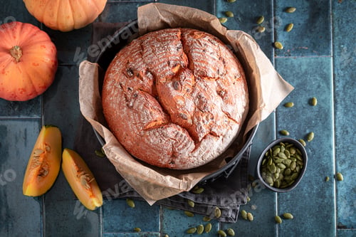 Preview: Golden pumpkin bread baked in home bakery.