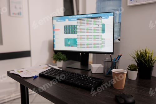 Preview: Workplaces with computer without people in coworking office