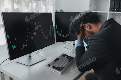 Preview: Stock investor with stock market graph screen, he stressed, stock market volatility analysis, busine