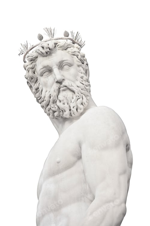 Preview: Neptune God medieval Fountain Statue detail on white. Florence, Italy.