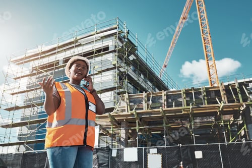 Preview: Shot of a young woman using a smartphone while working at a construction site