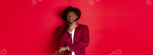 Preview: Fashion and party concept. Skeptical and doubtful african american man thinking, looking displeased