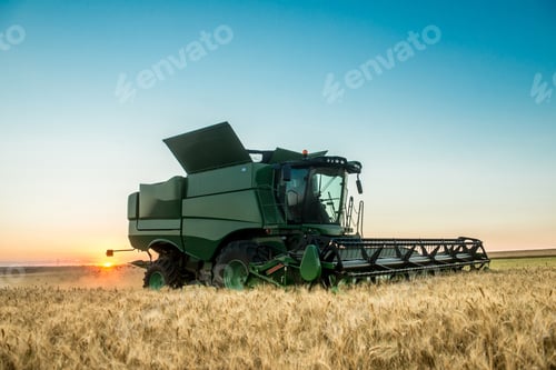 Preview: Combine harvester working on a wheat crop at sunset