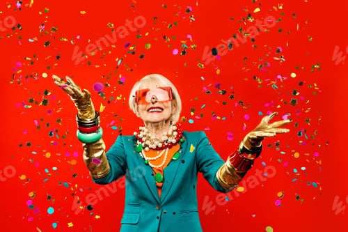 Preview: Cool and stylish senior old woman with fashionable clothes