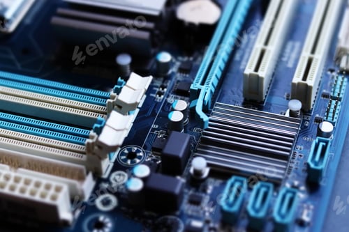 Preview: Computer motherboard closeup in tilt shift style