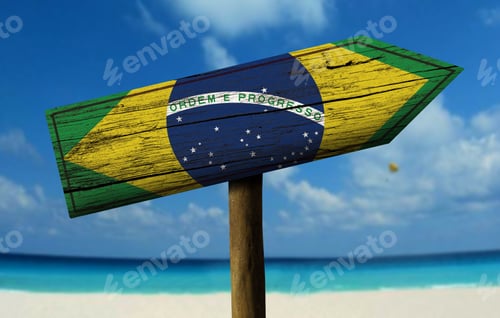 Preview: Brazil Flag Wooden Sign With A Beach On Background - Latin America