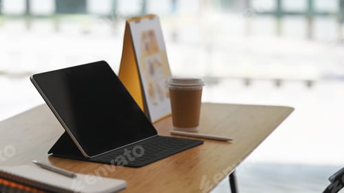 Preview: Tablet computer, coffee, calendar and pencil on white table.