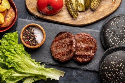 Preview: Homemade beef burgers cooking and ingredients
