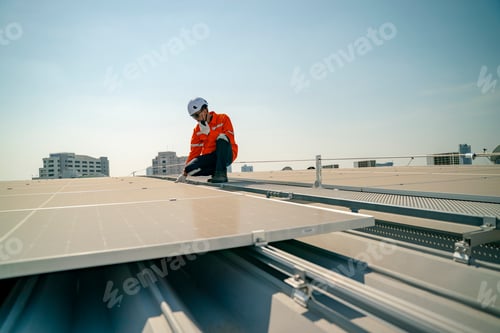 Preview: Technician performs maintenance on solar panels at commercial rooftop under clear sky