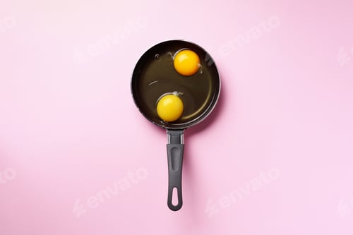 Preview: Food concept with two eggs, pan on pink background. Top view. Creative pattern in minimal style