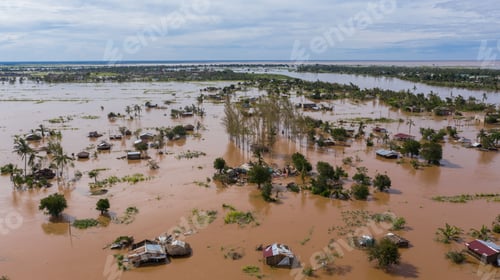 Preview: Aerial view of the flooded village in Mozambique after a cyclone.