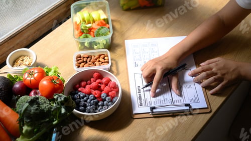 Preview: Nutritionist analyzing and writing a healthy meal plan with fresh fruits, vegetables
