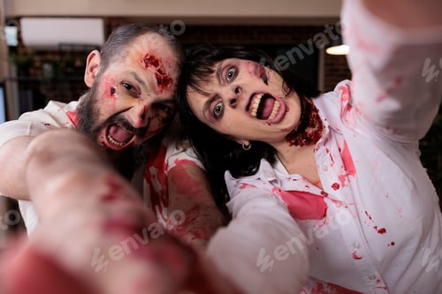 Preview: Portrait of scary zombies couple in office