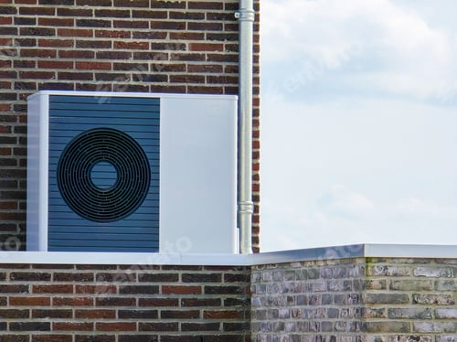 Preview: air source heat pump unit installed outdoors at a modern home with bricks in the Netherlands