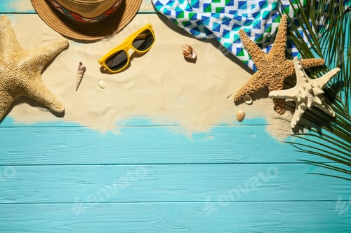 Preview: Flat lay composition with beach objects, sand and space for text on wooden background