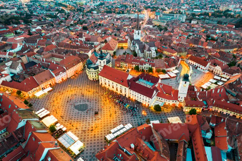 Preview: Aerial drone view of the Historic Centre of Sibiu at evening, Romania