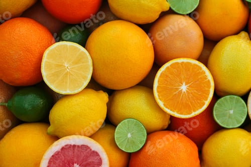 Preview: Many different whole and cut citrus fruits as background, top view