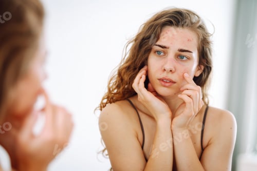 Preview: Portrait of a young woman touching pimple on her face while looking in mirror. Facial skin problems.