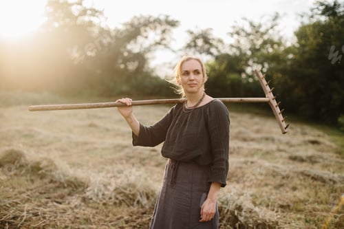 Preview: Woman holding rake in ukrainian village hayfield at sunset