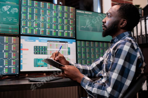Preview: Business company professional employee with clipboard looking at real time financial data charts.