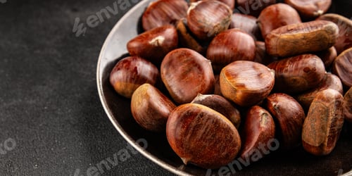 Preview: Edible chestnuts delicious treat tasty snack fresh gourmet food background on table rustic food