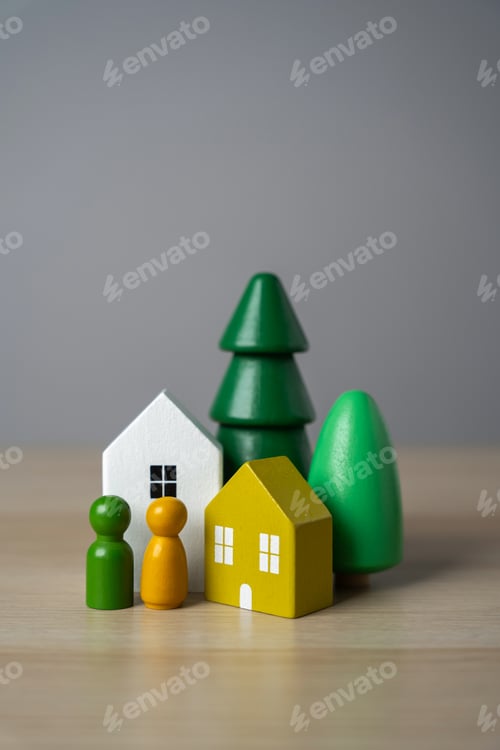 Preview: Homes and real estate. Figures of buildings, trees and people.