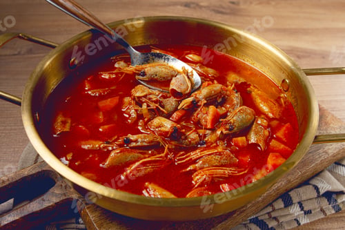 Preview: French shrimp bisque soup, in a pot, close-up, no people,