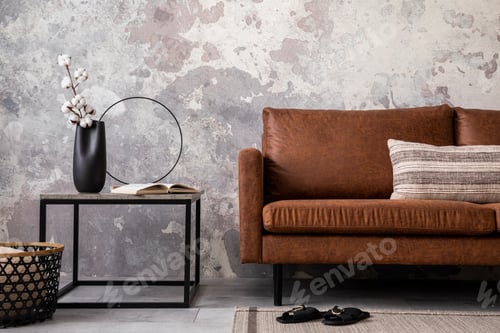 Preview: Modern composition of living room with brown sofa and elegant personal accessories. Home decor.
