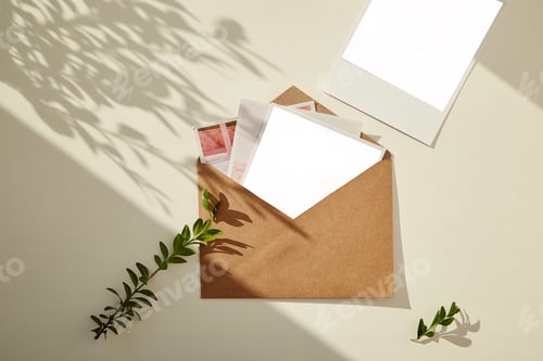 Preview: Beige paper envelope with photography mock up, green branch under shadows.