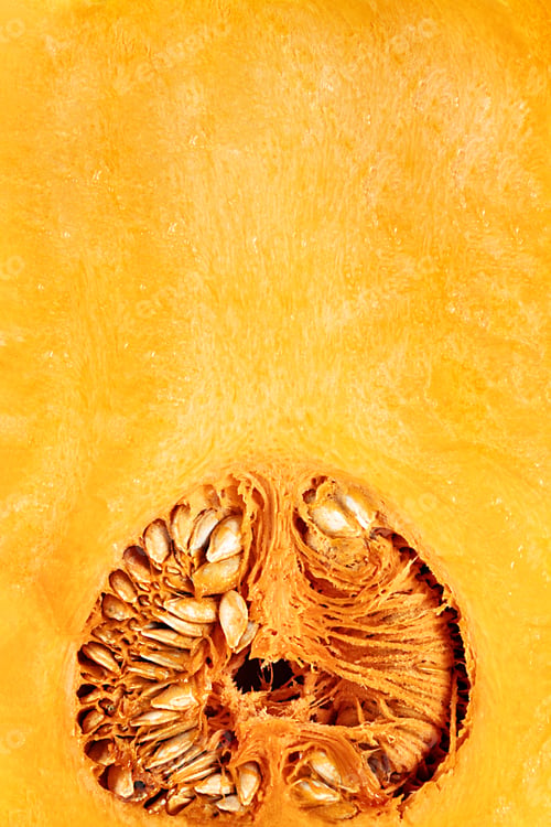 Preview: The texture of the cut pumpkin with seeds with a copy of space.