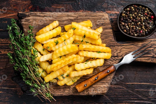 Preview: Baked Crinkle French fries potatoes sticks or chips on a wooden board.