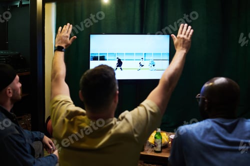 Preview: Rear view of three young intercultural men watching hockey broadcast on tv