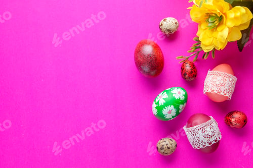 Preview: top view colorful eggs on pink background novruz spring ethnic concept colourful holiday ornate