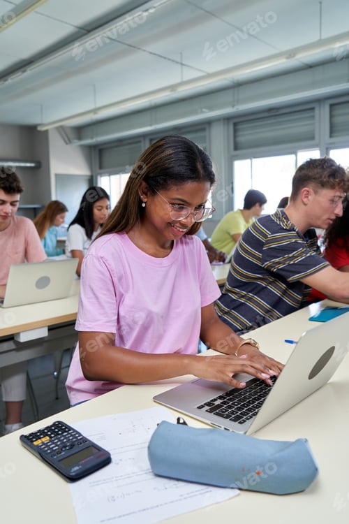 Preview: Erasmus colleagues in class using computer to work, concentrated studying with cheerful face.