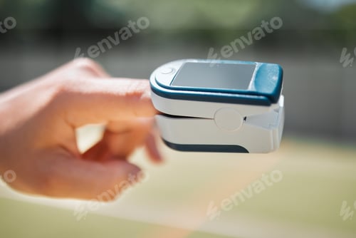 Preview: Hand, health and pulse oximeter in nature for oxygen measurement. Healthcare, wellness or SPO2 mete