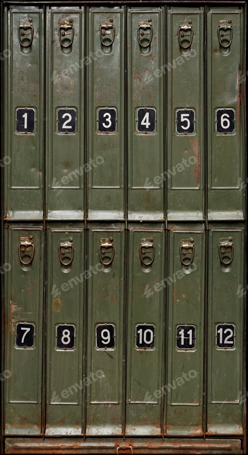 Preview: Old green metal cabinet with vertical storage compartments