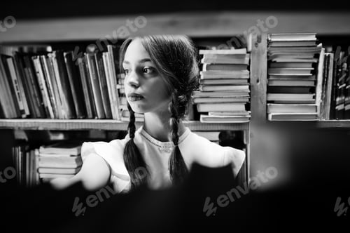Preview: Girl with pigtails in white blouse at old library.