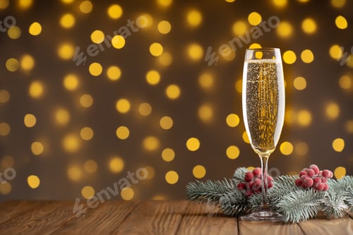 Preview: Wine Glass With Bubbly Champagne On Blurry Sparkling Lights Background