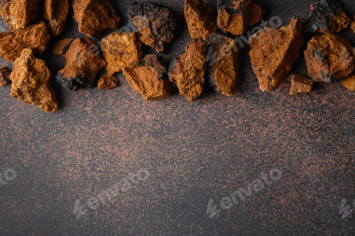 Preview: Chaga birch edible Mushrooms on brown. Trendy healthy superfood for infusion, tea.