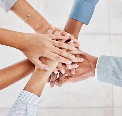 Preview: Teamwork hands, collaboration and motivation of business people, trust and growth mission with visi