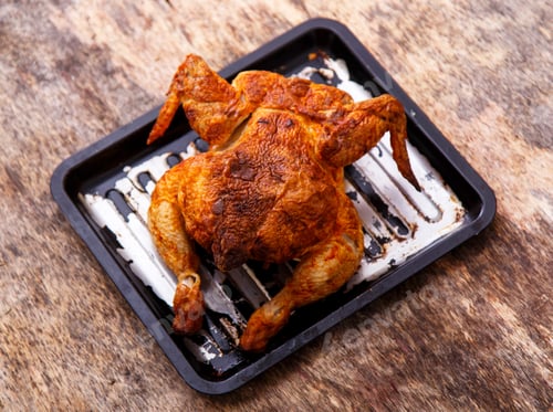 Preview: Roasted Chicken On Metal Tray On Wood Surface